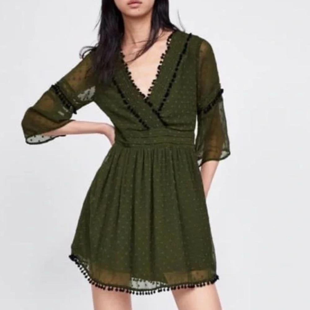 Zara Green Pleated Sundress with Bell Sleeves